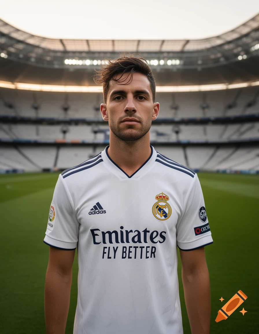 Photorealistic image of a male soccer player in a white Real Madrid jersey with sponsor logos, standing on a pitch in a stadium.