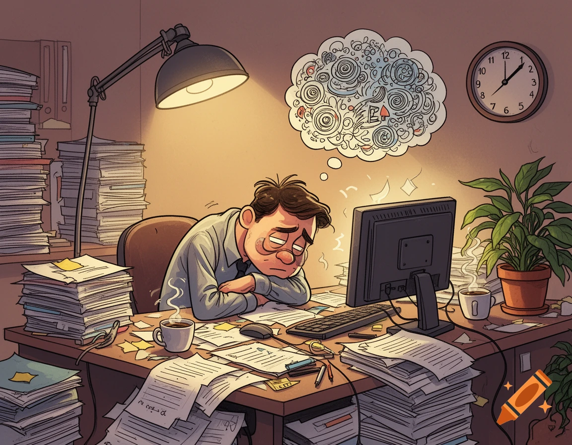 An exhausted person with their head on a desk, surrounded by piles of papers and a computer, in a cartoon style.