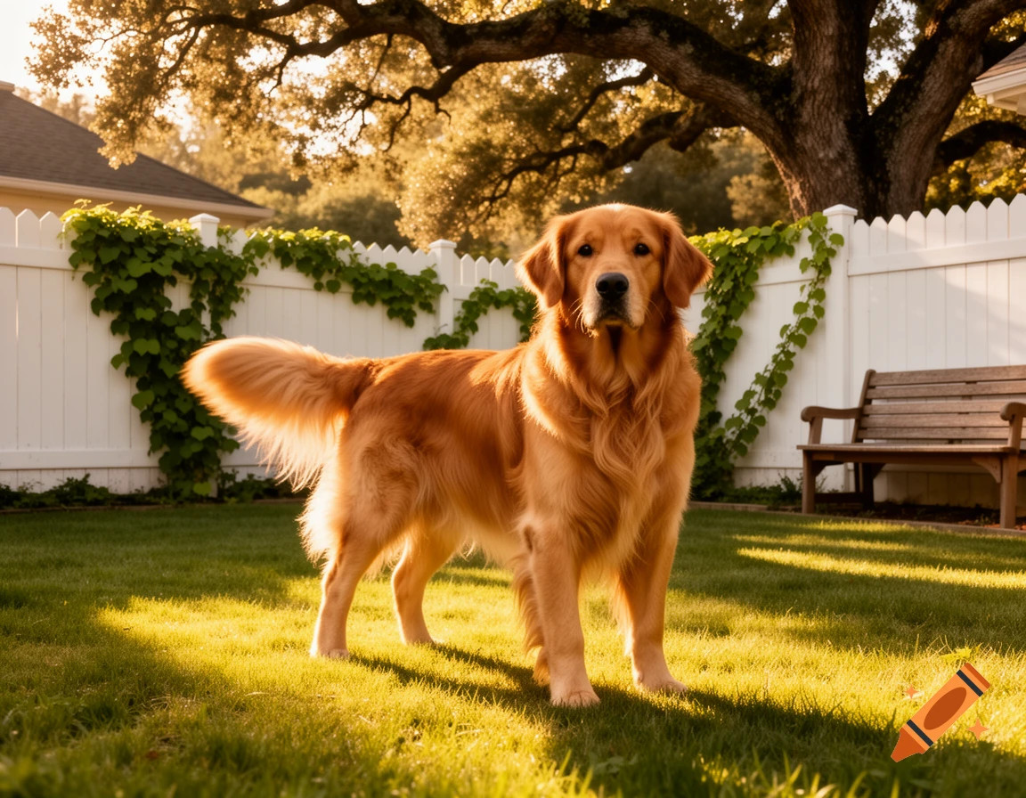A photorealistic Golden Retriever stands in a sunlit green backyard with a white fence and a large tree in the background.
