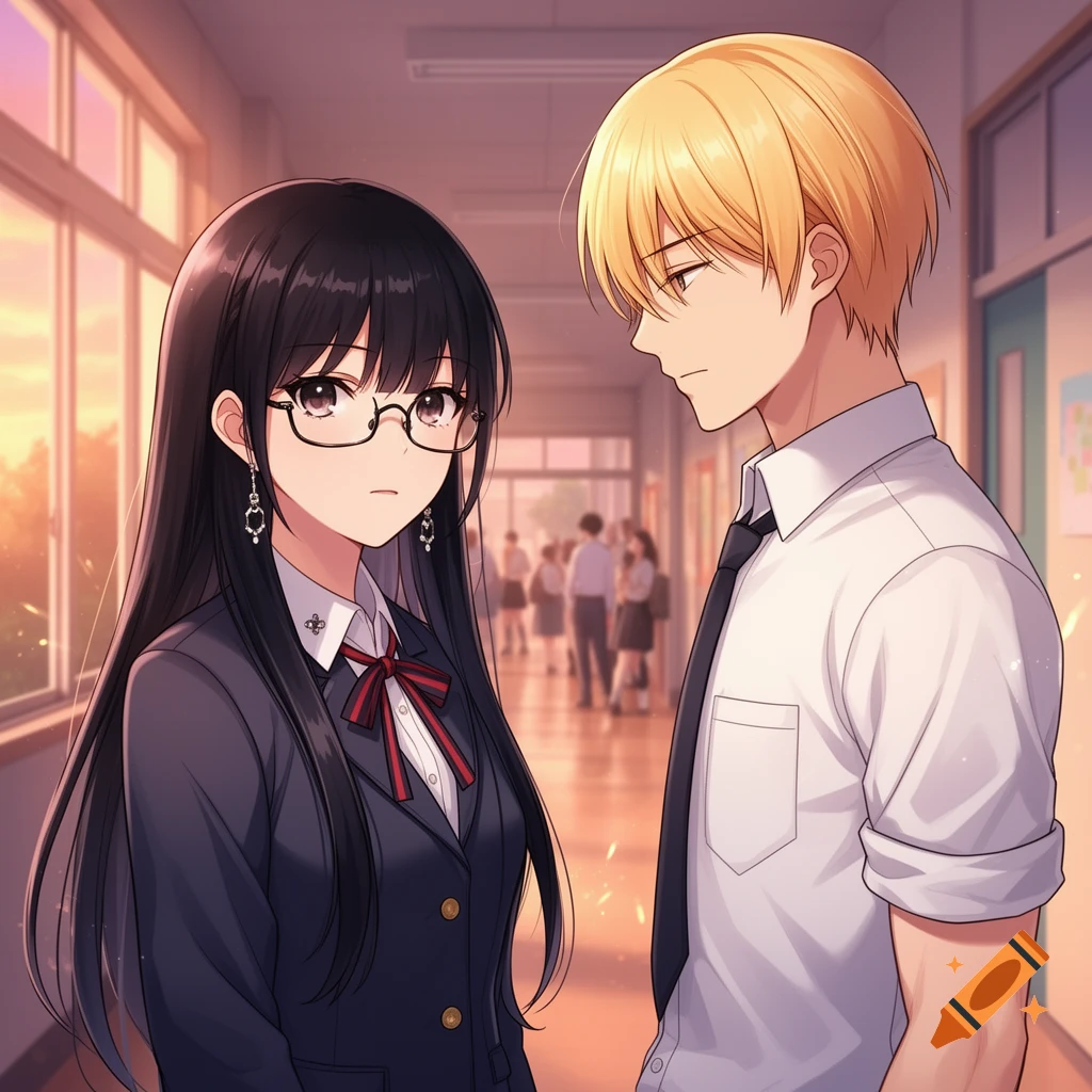 An anime girl with long black hair and glasses looks towards an anime boy with blonde hair in a school hallway.