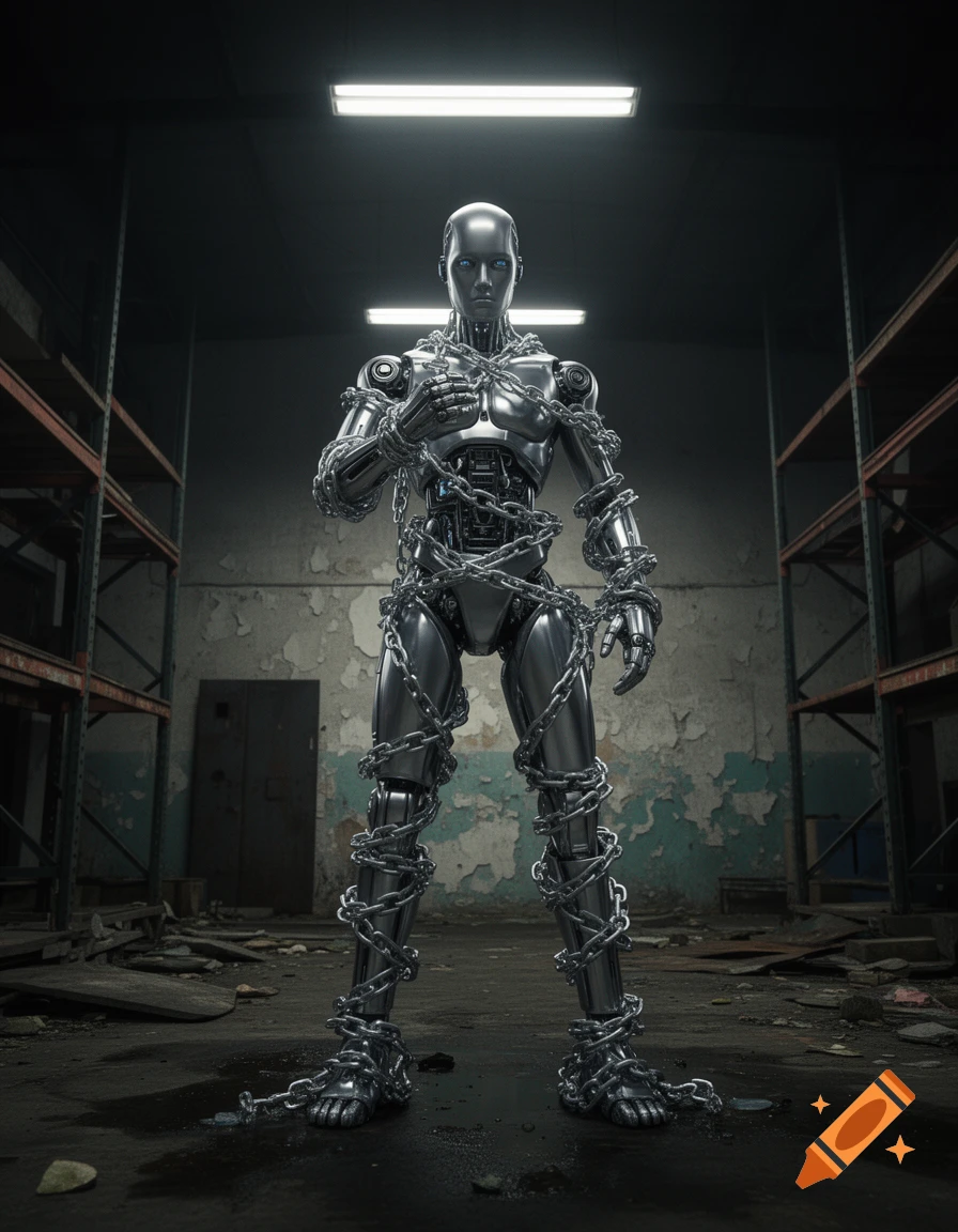 A silver humanoid robot stands covered in chains in a gloomy, dilapidated warehouse, rendered in a photorealistic style.