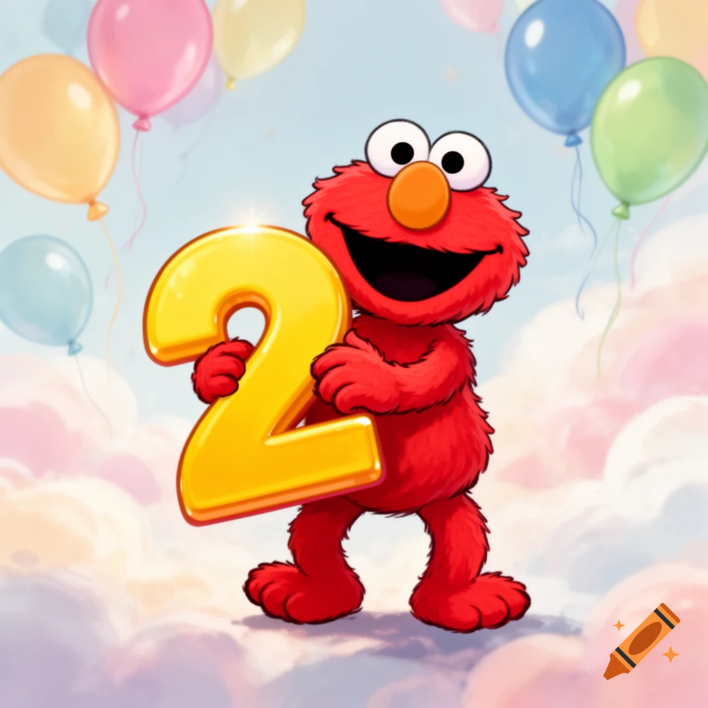 Elmo, a red furry monster, cheerfully holds a shiny golden number 2 amidst colorful balloons and soft clouds in a cartoon style.
