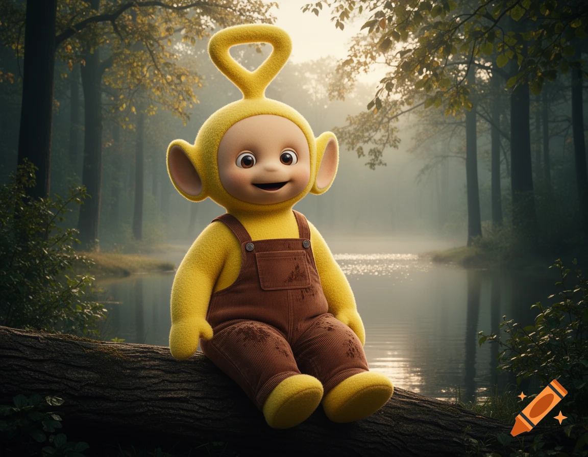 Laa-Laa the Teletubby, wearing muddy corduroy overalls, sits smiling on a log by a misty forest lake in a photorealistic style.