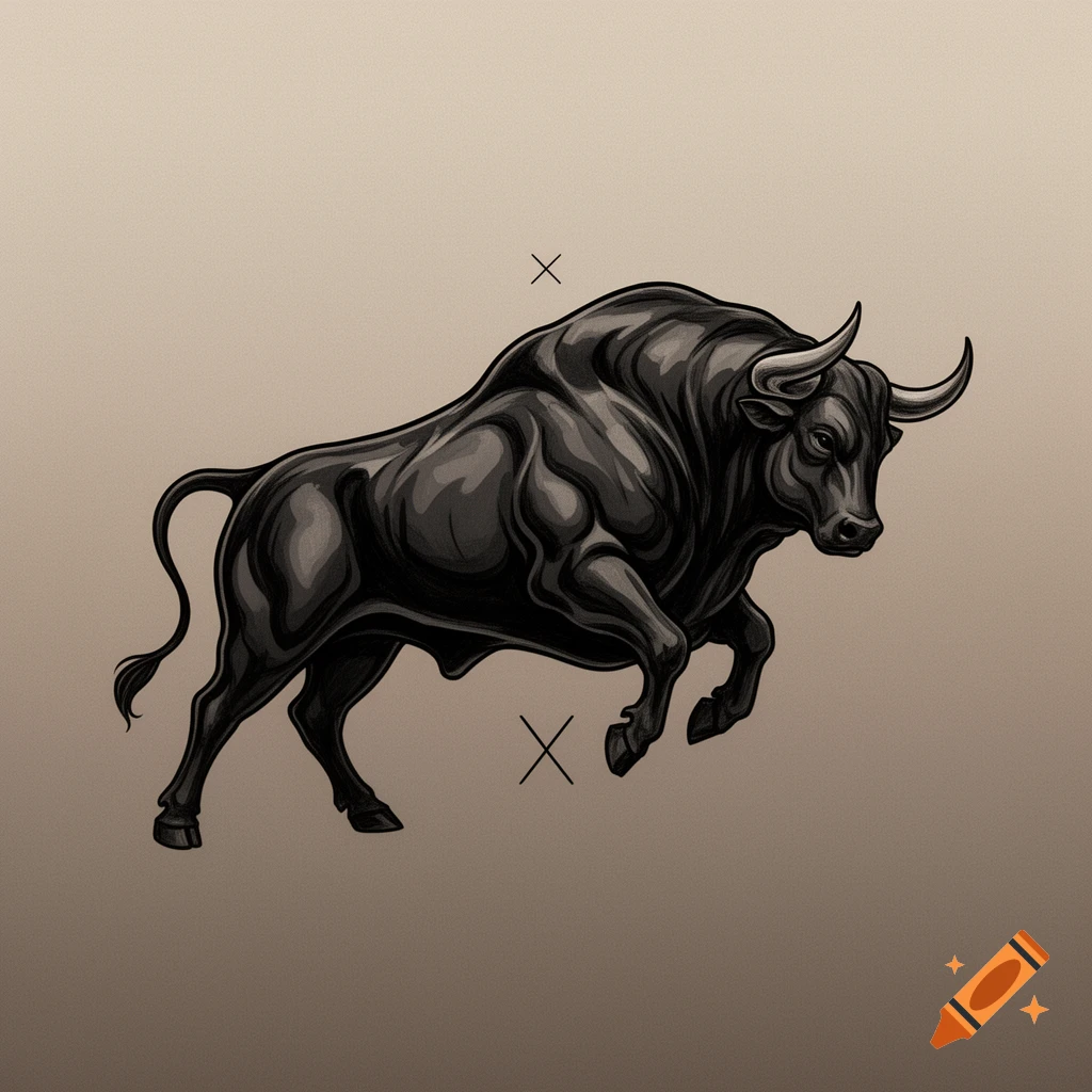 A stylized black bull with white horns is depicted mid-leap on a light brown background, with two black 'X' symbols above and below.