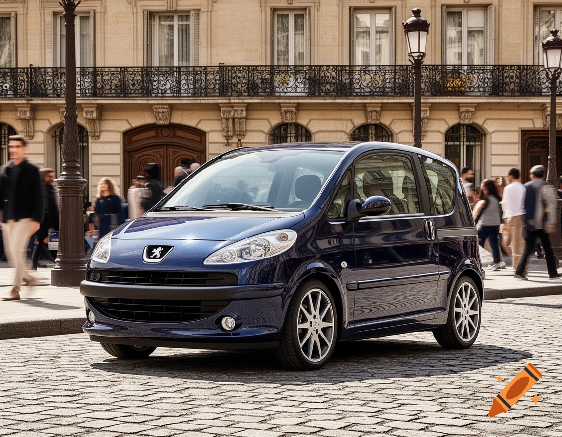 A dark blue Peugeot 1007 car parked on a cobblestone street in a European city, with blurred pedestrians and buildings in the background.