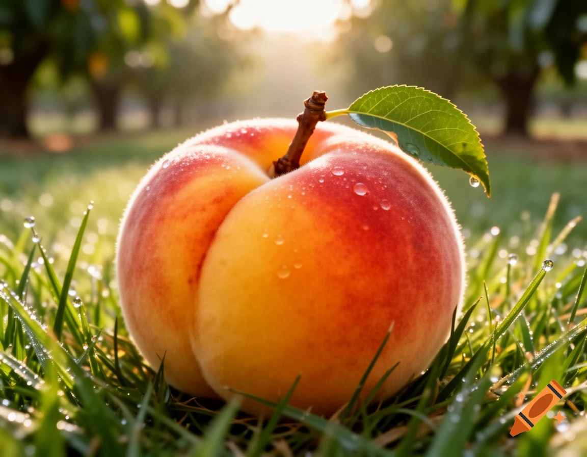 A close-up of a ripe, fuzzy peach covered in dew drops, nestled in bright green grass in a sunny orchard.
