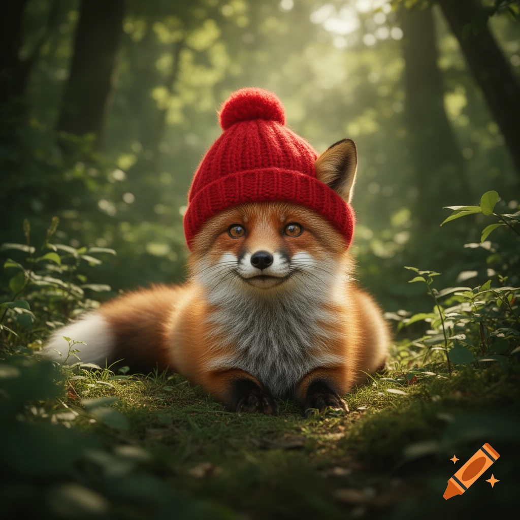 A cute red fox with a smiling expression, wearing a red knitted beanie, lies on a mossy forest floor amidst green foliage.