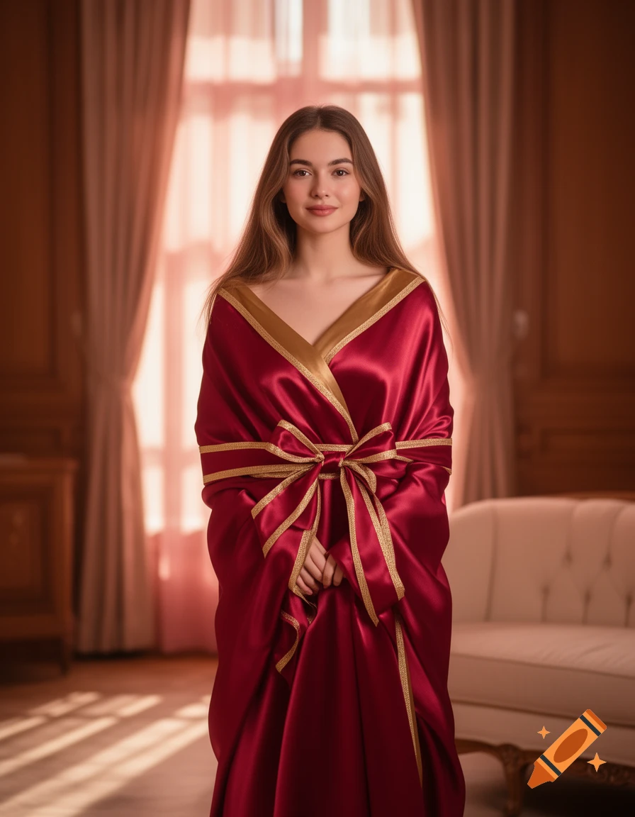 A young woman stands in a room, dressed in a red satin gown resembling a gift, tied with a gold bow.