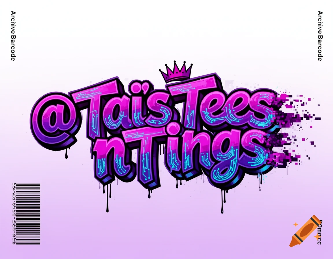 Stylized graffiti-style text '@ Tai's Tees n Tings' in purple and magenta with cyan circuit patterns, dripping paint, a crown, and digital disintegration effects.