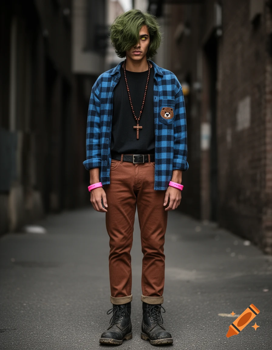 A young man with green hair and yellow eyes stands in a dark alleyway, wearing a blue and black plaid shirt, black t-shirt, brown pants, and work boots.