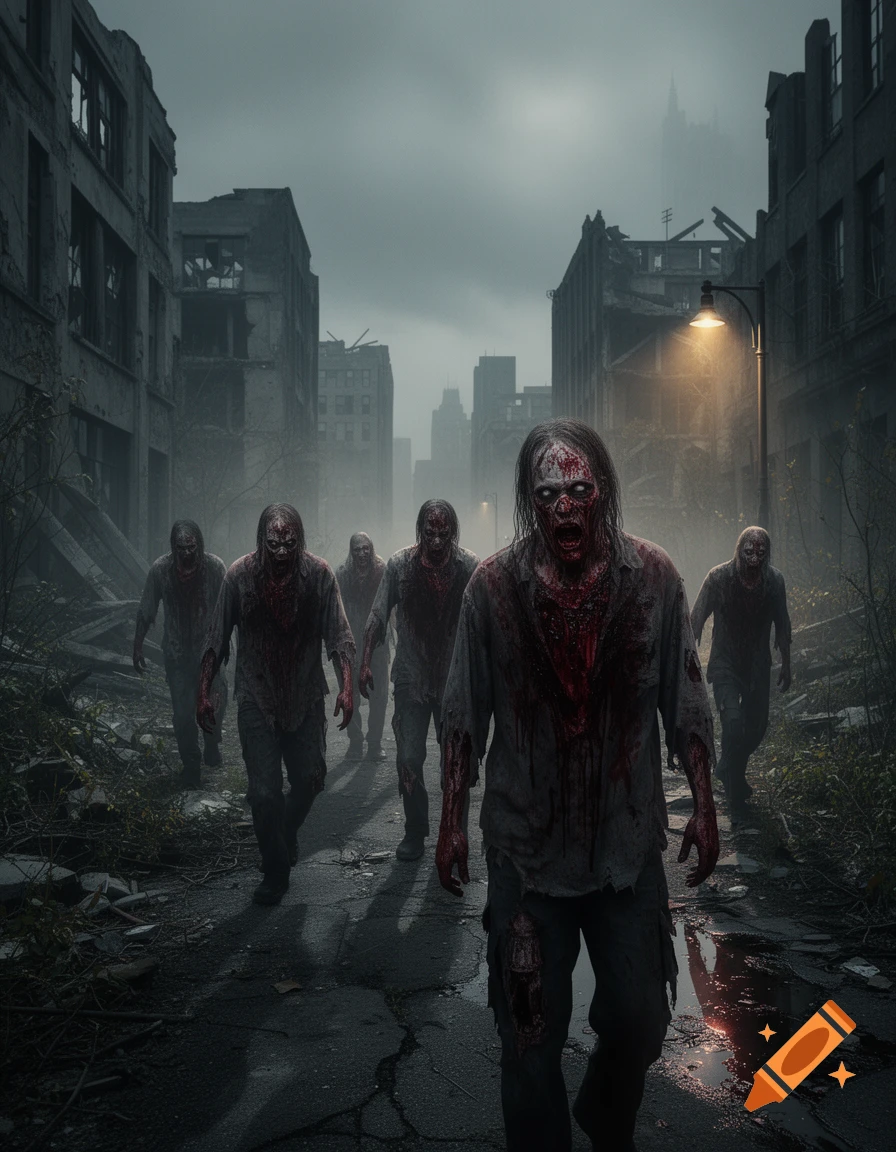 Photorealistic image of bloodied zombies shambling down a street in a dark, ruined city under a cloudy sky.