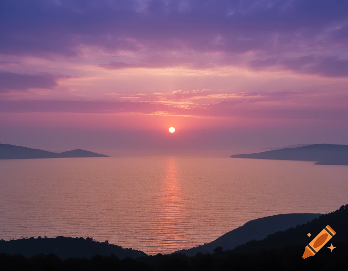 A vibrant sunset over calm water, with a bright sun reflecting on the surface and dark silhouettes of mountains on the horizon.