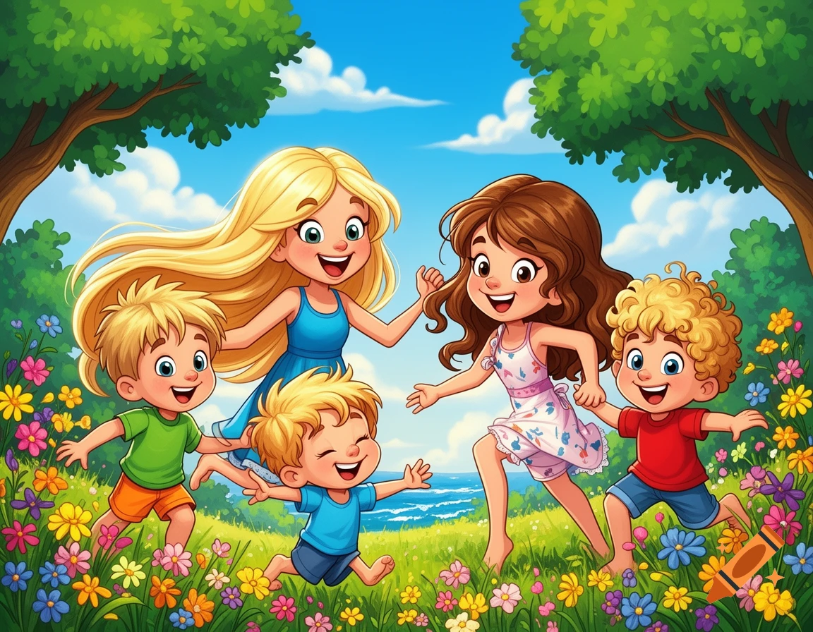 Five cartoon children, two girls and three boys, with bright smiles, running barefoot through a sunny field of colorful wildflowers, under green trees and a blue sky.
