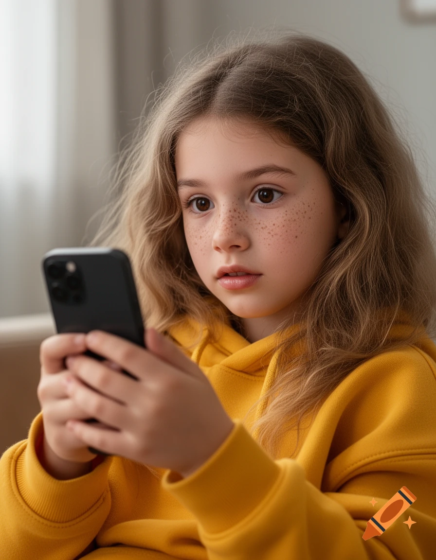 A young girl with light brown frizzy hair, freckles, and dark brown eyes, wearing a yellow hoodie, looks intently at a black smartphone she holds.