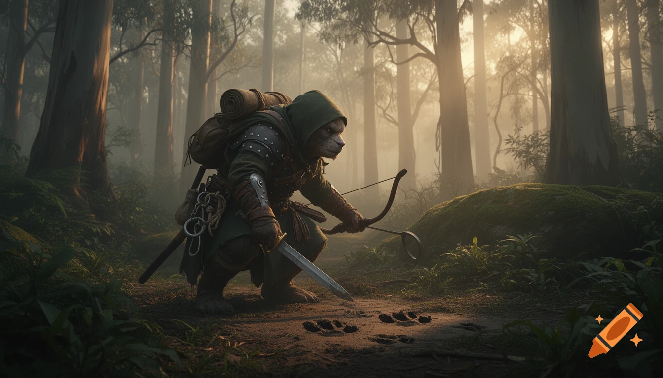 A hooded, armored bugbear tracker crouches, studying paw prints on a forest path at misty dawn, holding a bow and sword.