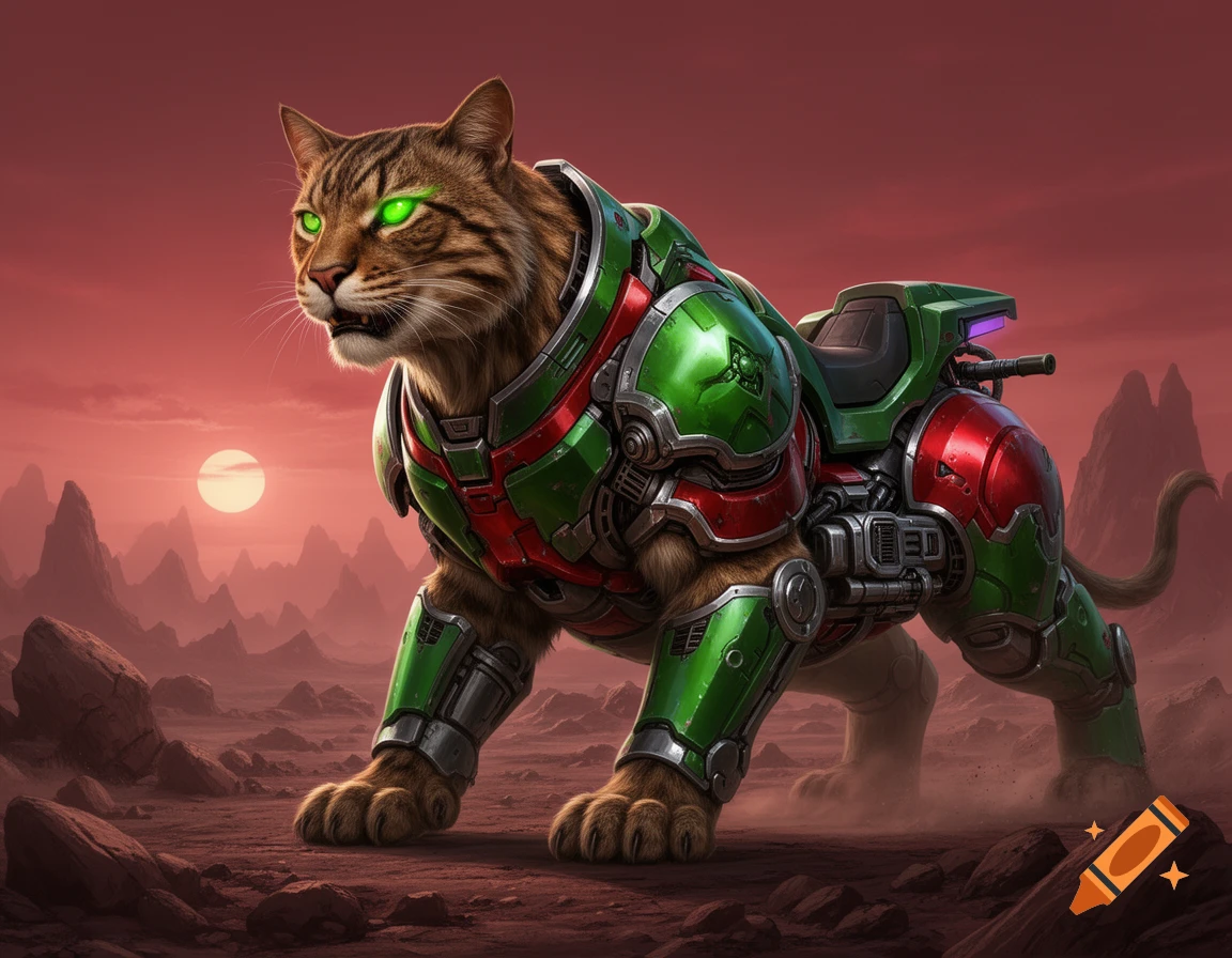 A powerful, armored tiger-like creature with glowing green eyes stands on a desolate red planet under a large sun, sci-fi style.