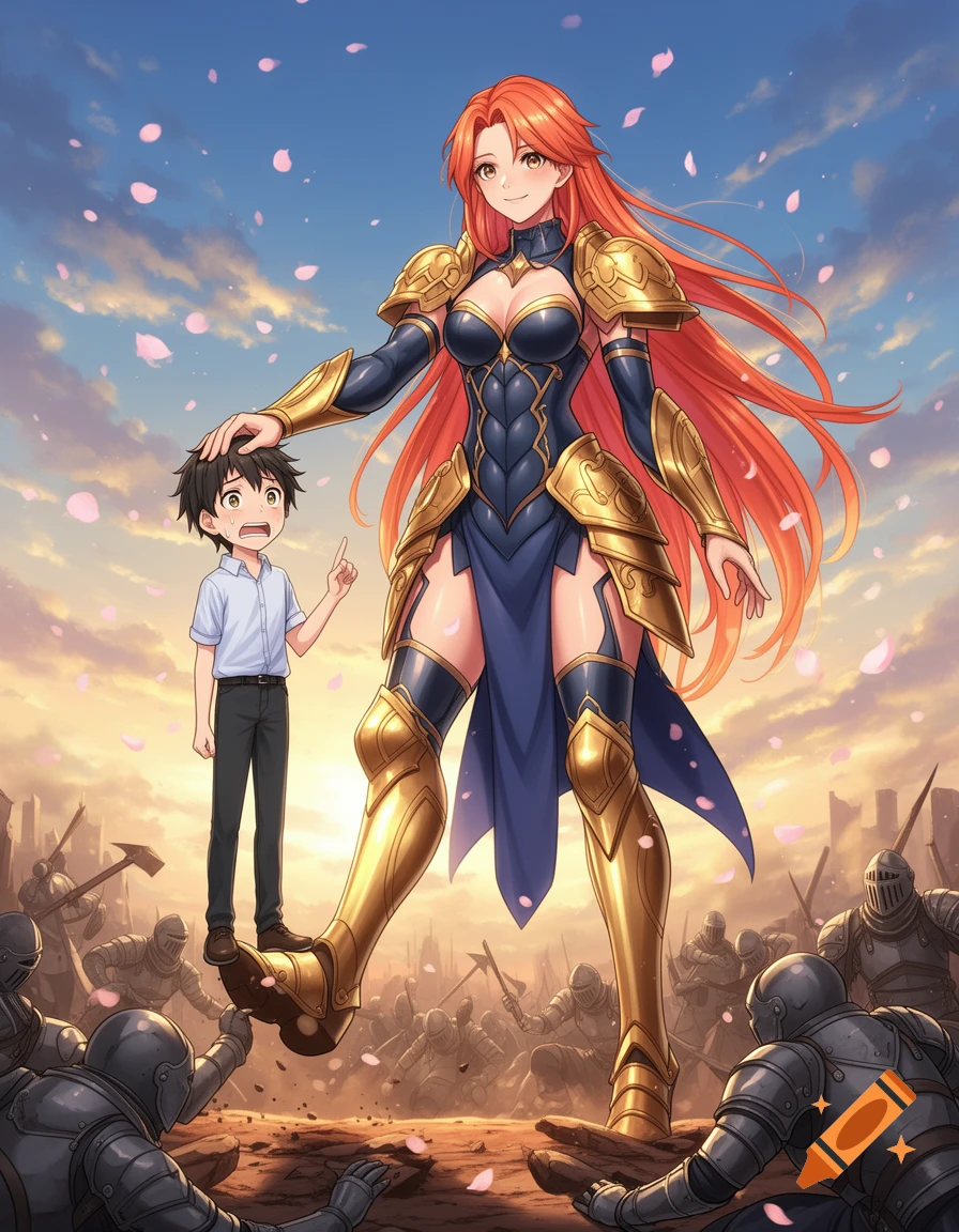 A giant anime warrior woman with long red hair and gold armor pats a small, frightened anime boy on the head, standing over fallen knights.