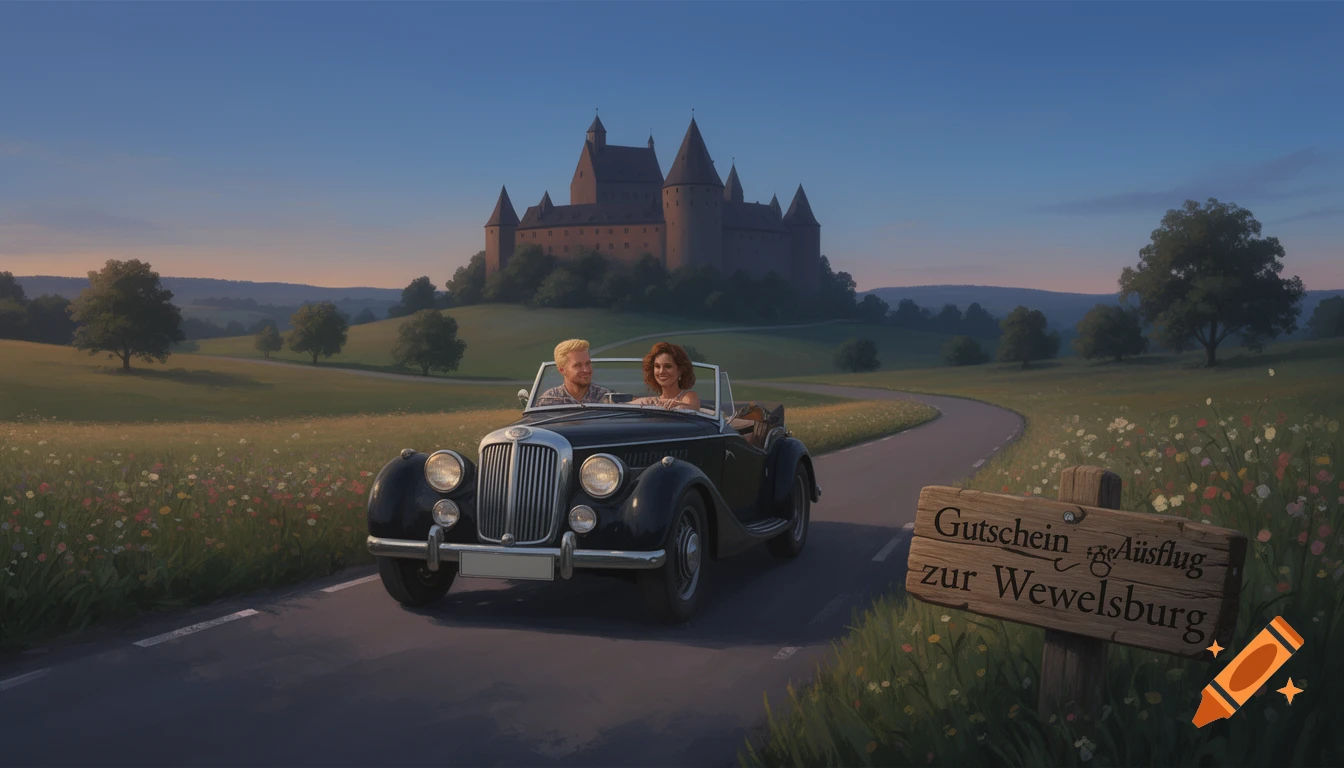A blonde man and a woman in a black vintage convertible drive towards a castle on a winding road, passing a sign for 'Wewelsburg'.