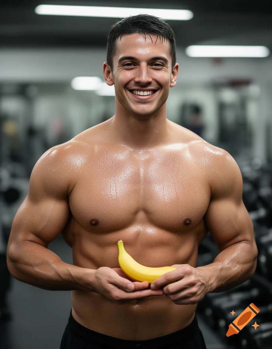 A smiling, shirtless muscular man, wet with sweat, stands in a gym, holding a ripe yellow banana.