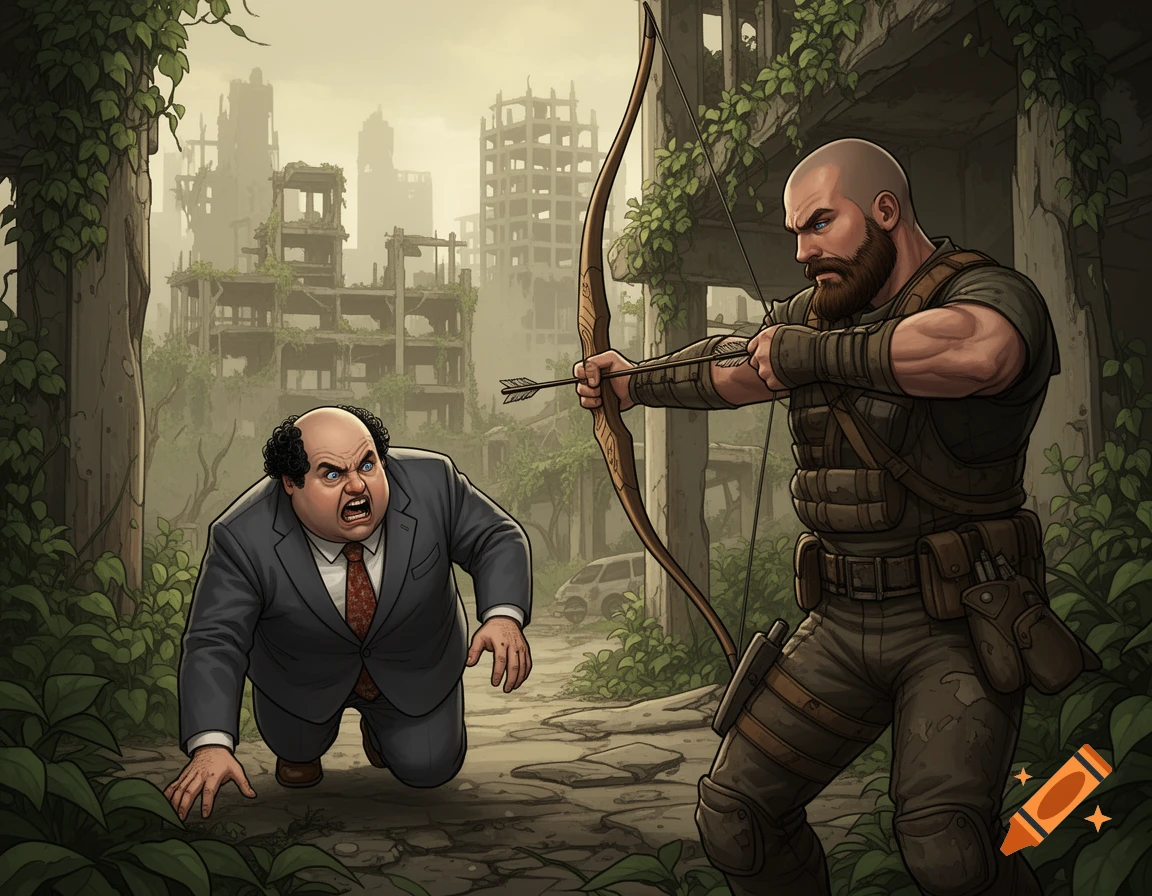 An illustration of a survivalist aiming a bow at a scared, crawling man in post-apocalyptic city ruins.
