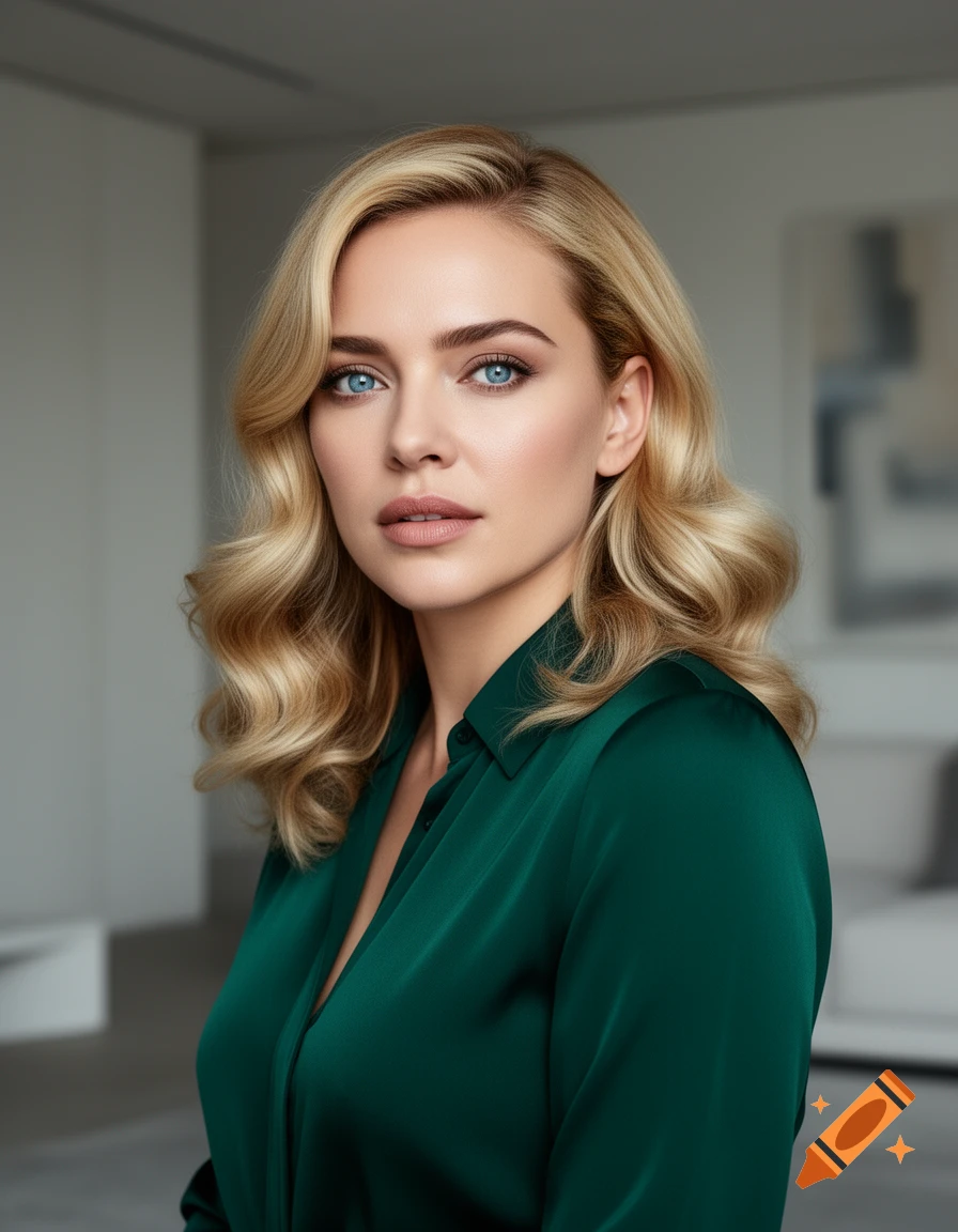 A woman with blonde wavy hair and blue eyes wearing a green collared shirt, looking directly at the viewer.