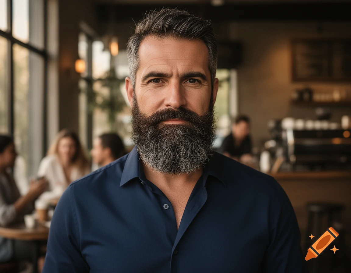 Photorealistic portrait of a bearded man in a navy shirt looking at the viewer in a cafe.