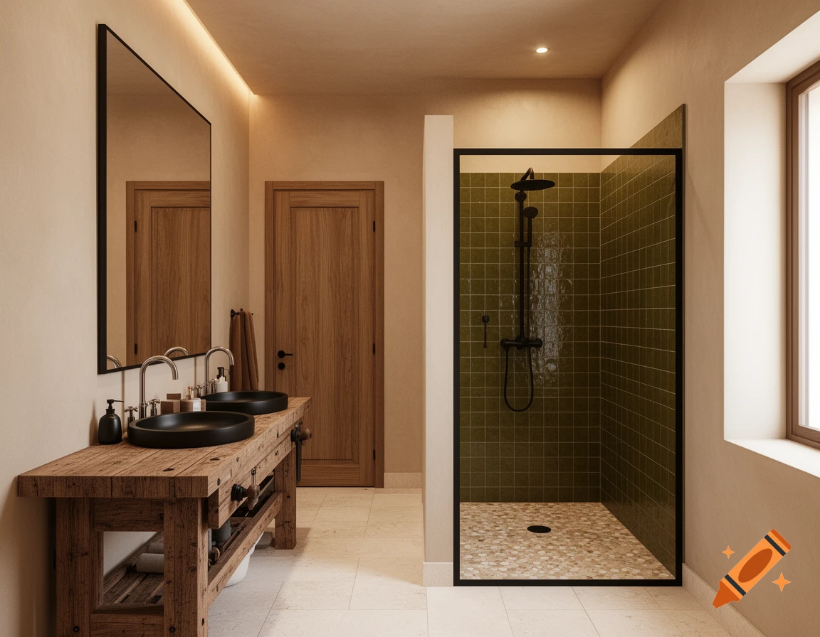 Photorealistic modern bathroom with a double wooden vanity, black sinks, large mirror, and olive green tiled walk-in shower.