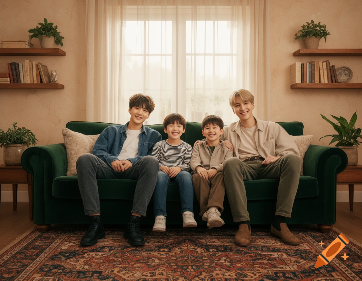 Two smiling adult men and two young boys sit on a green couch in a cozy living room, posing for a family photo.