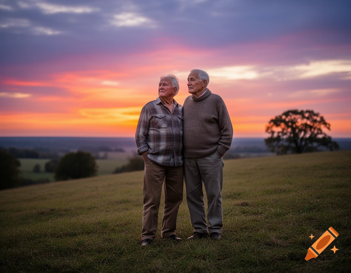 Two elderly men stand on a grassy hill, looking out at a vibrant sunset over a distant landscape.