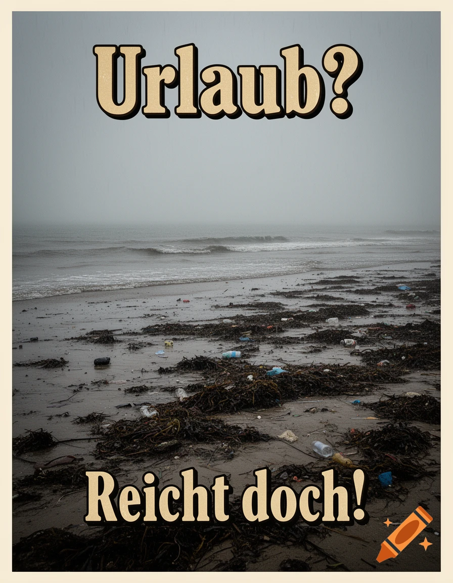 A dirty, foggy beach littered with plastic waste and seaweed, with the German text "Urlaub?" at the top and "Reicht doch!" at the bottom.