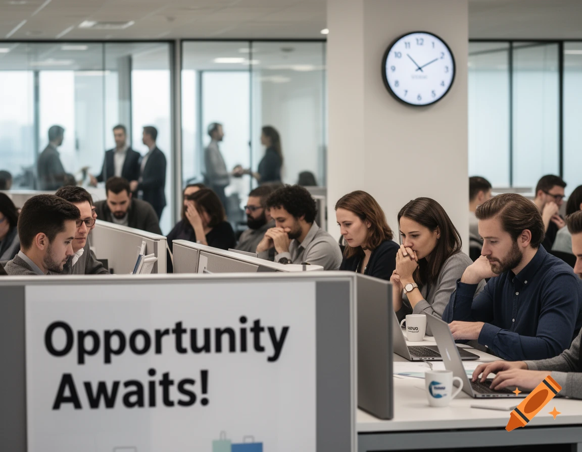 A busy, modern office with many employees working at their desks, and a sign that reads "Opportunity Awaits!".