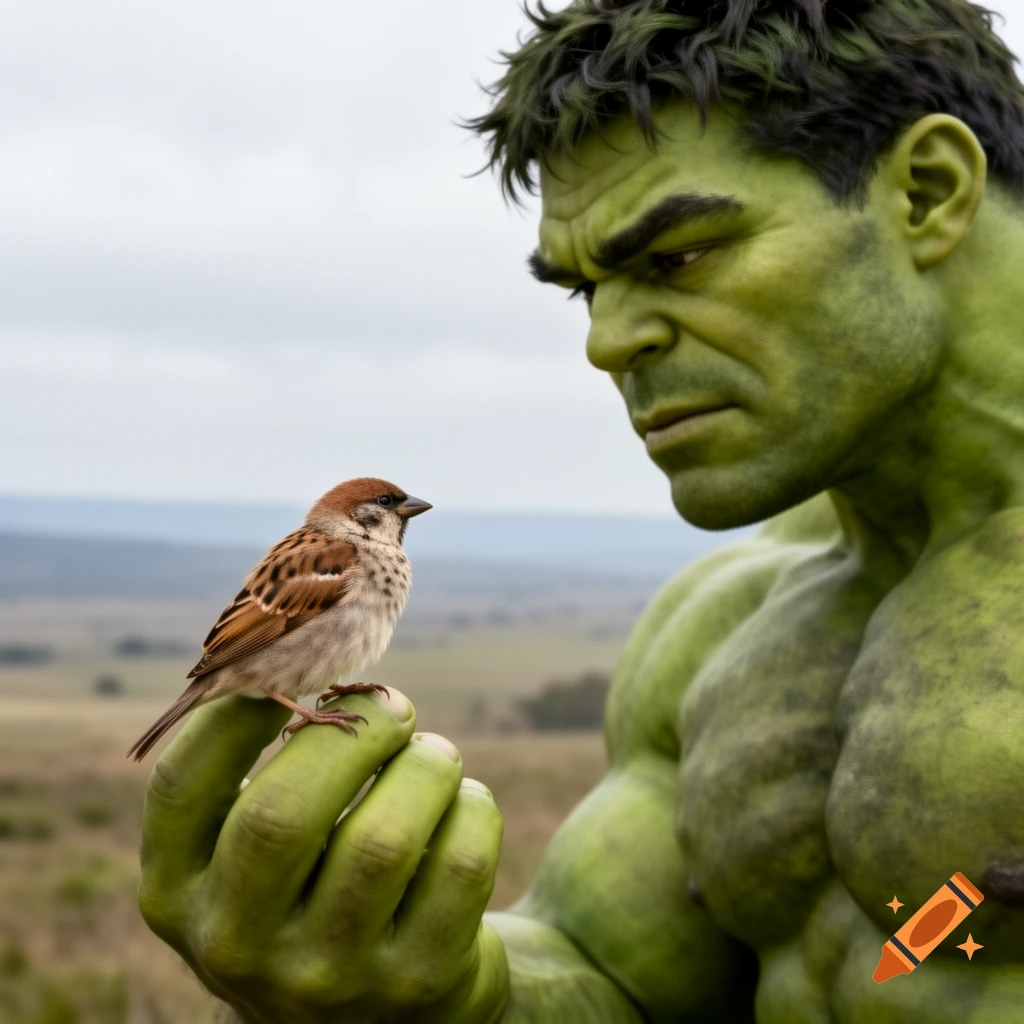 The Hulk gently holds a tiny brown sparrow in his large green hand, looking down at the bird with a tender expression in a grassy landscape.