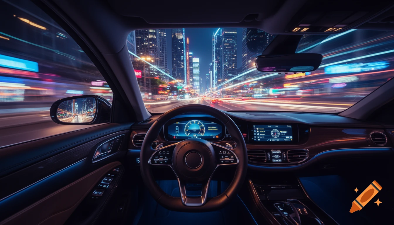 Driver's view from inside a car at night, speeding through a city with bright, blurred light trails.