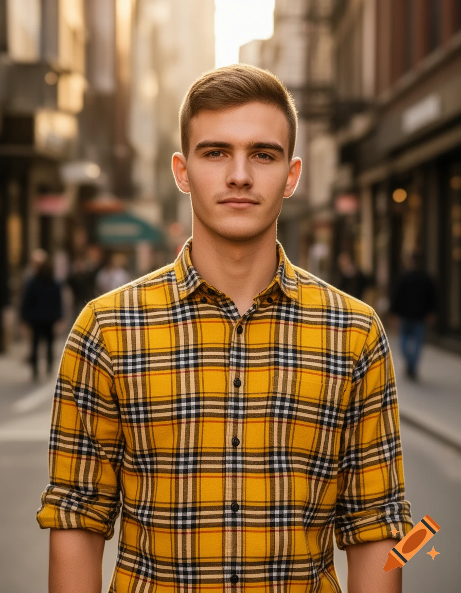 A photorealistic portrait of a young man with short brown hair, wearing a yellow plaid shirt, standing on a city street.