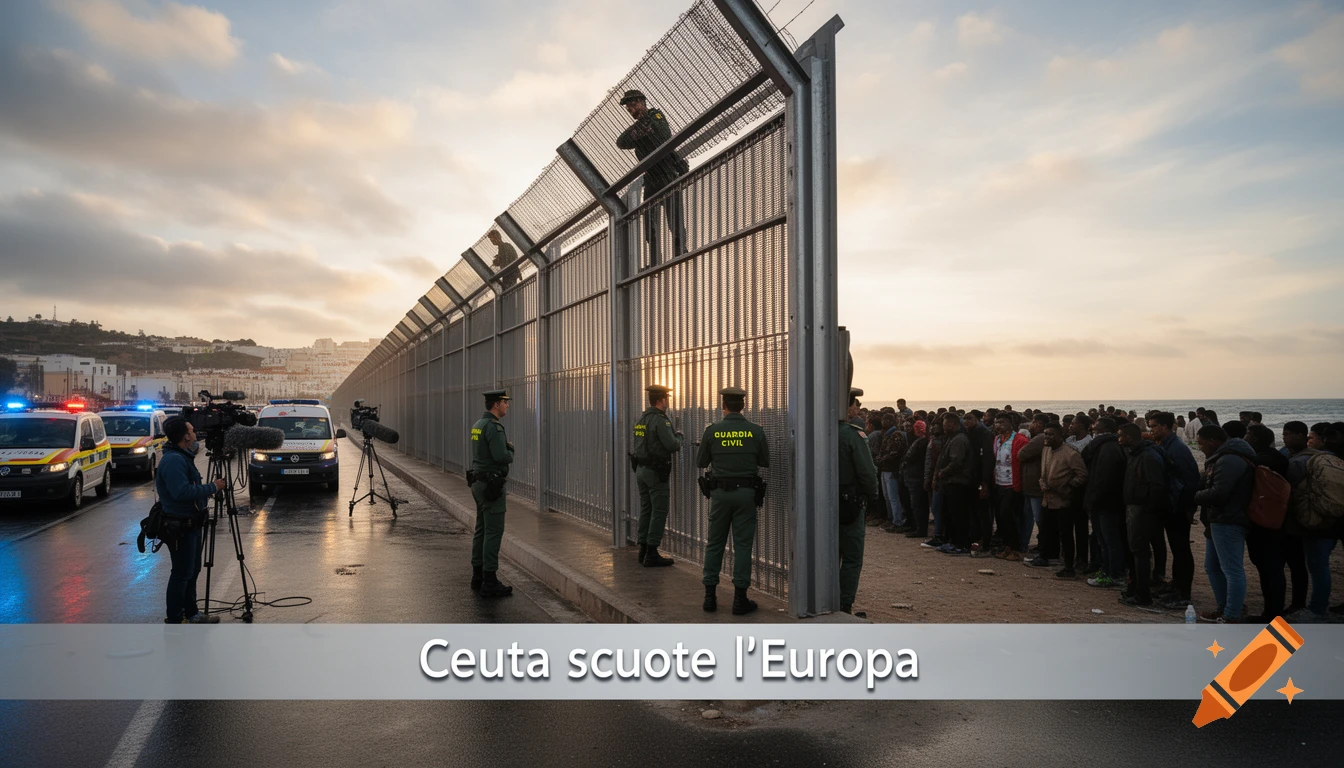 Photorealistic reportage of the Ceuta border fence at dawn, with Spanish Civil Guard, a large group of migrants, and news crews.