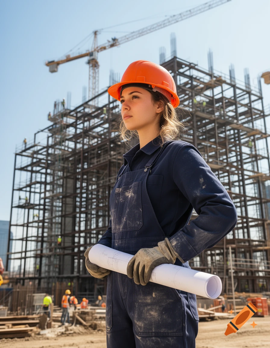 A young female construction worker in an orange hard hat and blue overalls holds blueprints, standing in front of a building under construction.