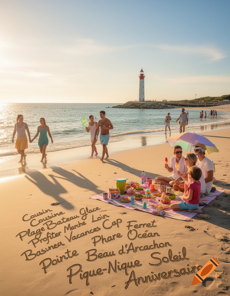 A family has a beach picnic at sunset with a lighthouse in the background, while other people walk along the shore. French words are written in the sand in the foreground.