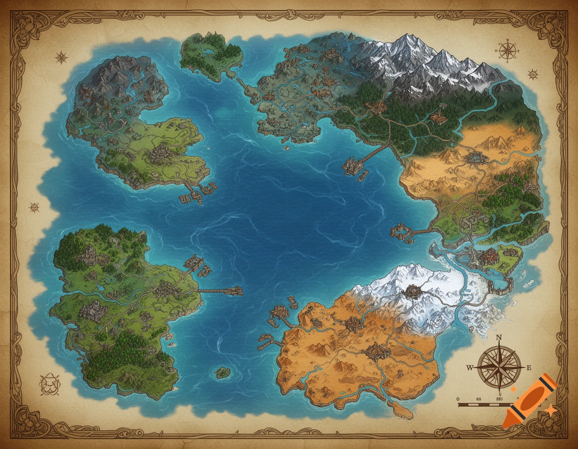 A detailed fantasy world map showing islands and continents with diverse terrains and settlements, surrounded by an ornate border.