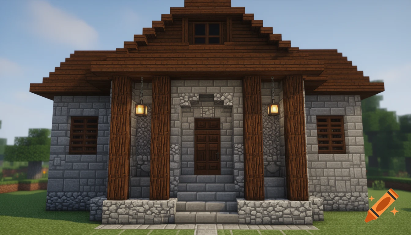 Front view of a detailed Minecraft house entrance with stone walls, dark oak pillars, a brown door, and two hanging lanterns.