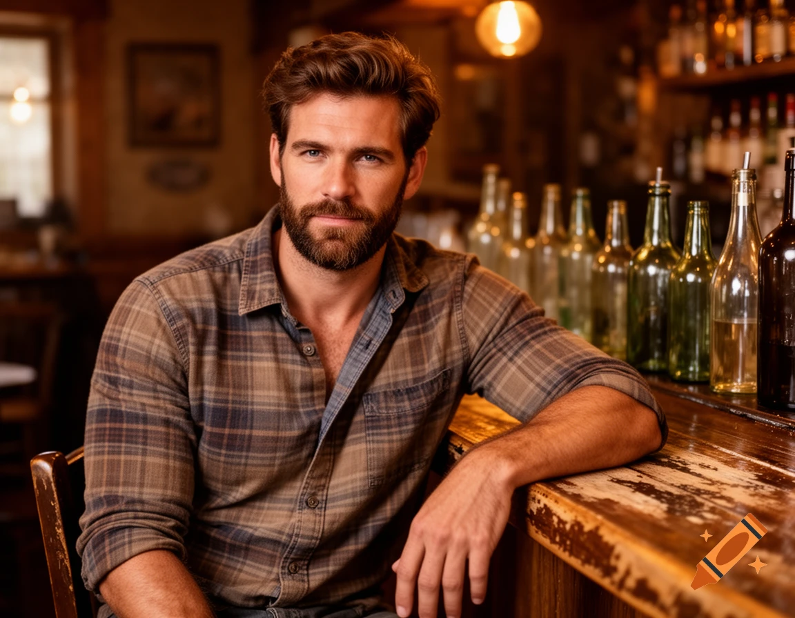 A handsome bearded man in a plaid shirt sits at a rustic wooden bar with bottles in the background.