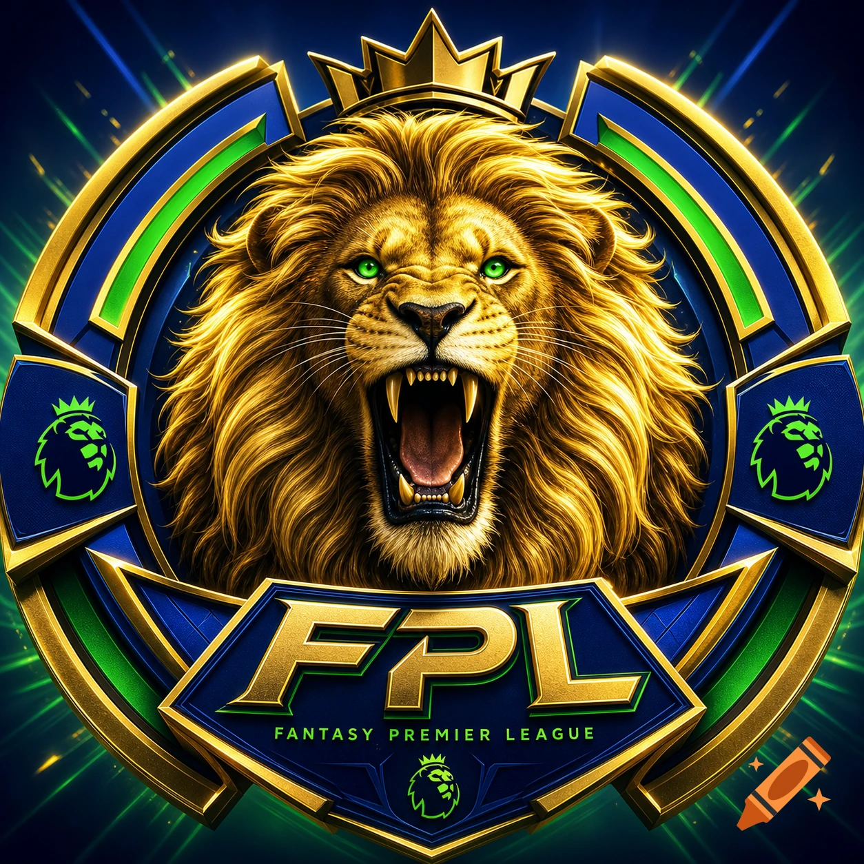 Roaring lion with green eyes and a golden crown in a blue and gold FPL Fantasy Premier League logo with green light streaks.