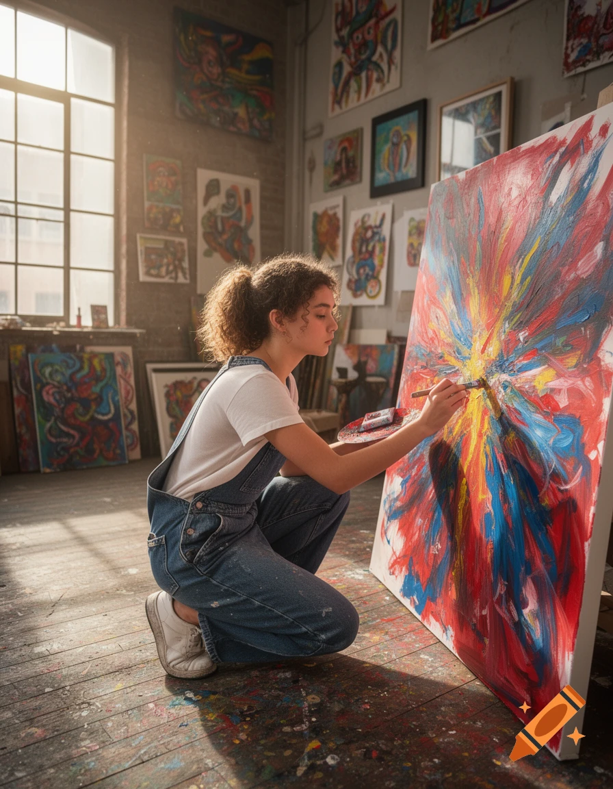 A young artist in overalls crouches to paint an abstract artwork in a sunlit art studio filled with paintings.