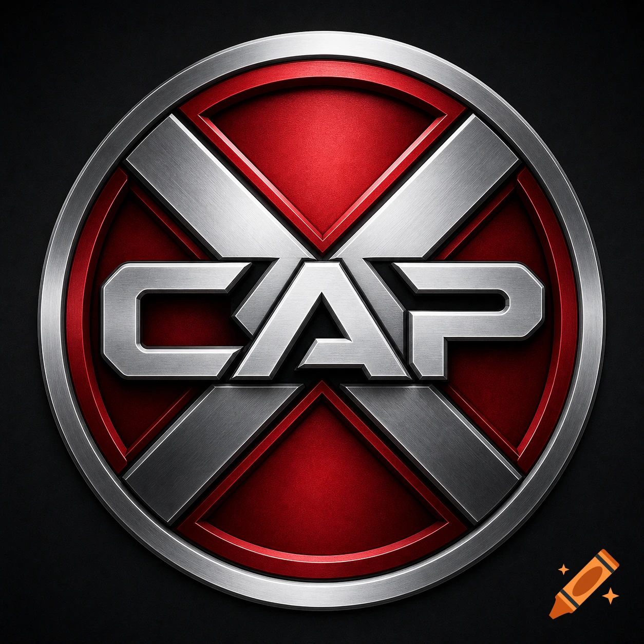 Metallic red and silver circular superhero-style emblem featuring a stylized 'X' with the letters 'CAP' in the center.