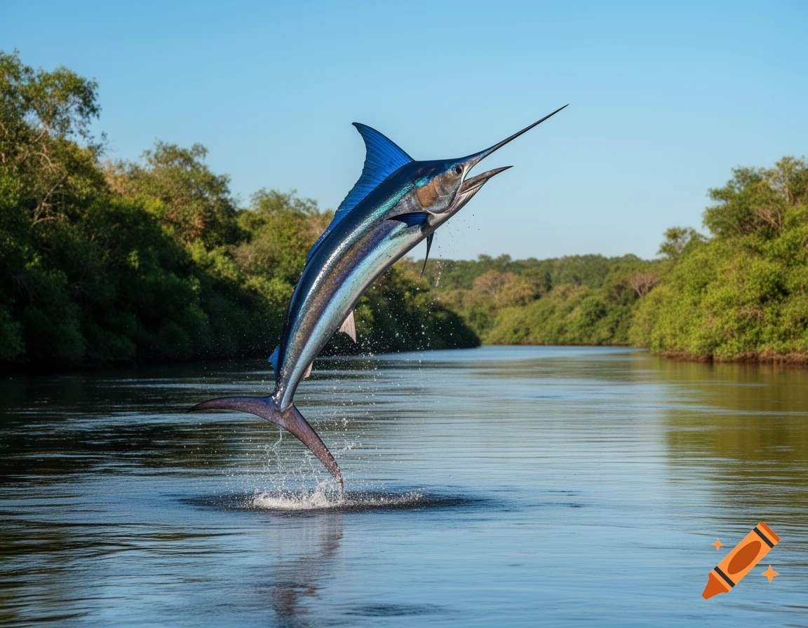 A vibrant blue marlin leaps out of a river, creating a splash against a backdrop of lush green trees and a clear blue sky, photorealistic.