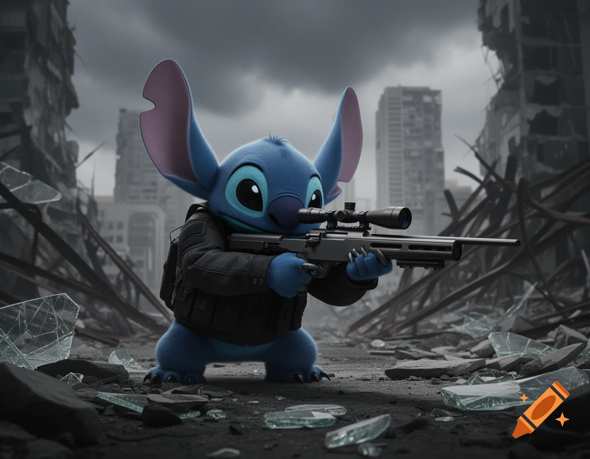 Stitch, wearing tactical gear, holds a sniper rifle in a destroyed city landscape filled with rubble and shattered glass.