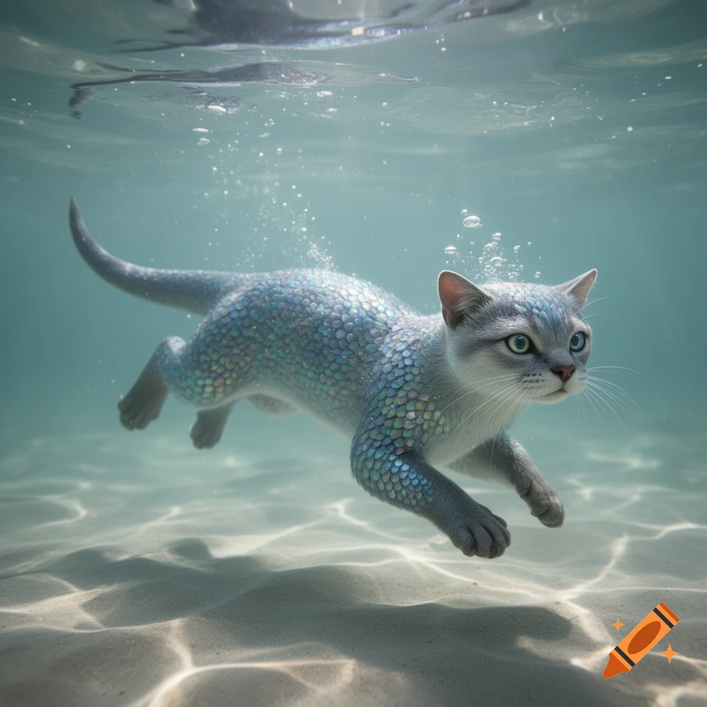 A grey cat with shimmering blue-green scales swims gracefully underwater over a sandy seabed, with light rays and bubbles.