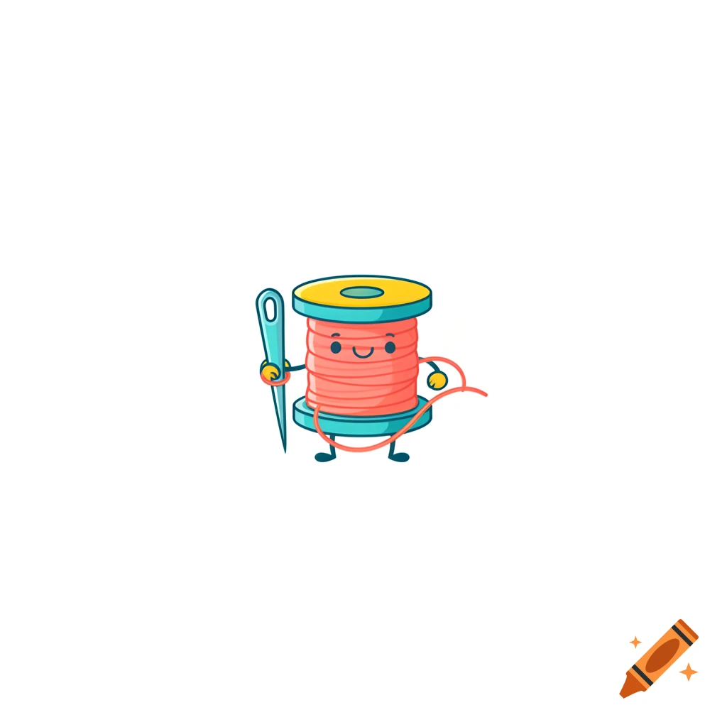 A cute cartoon pink spool of thread with a happy face, holding a blue sewing needle.