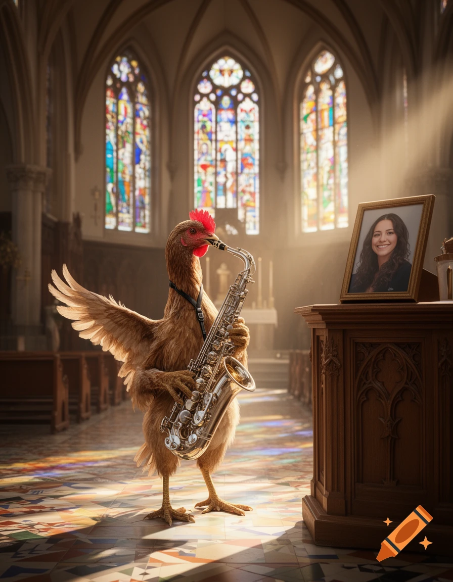 A photorealistic chicken plays saxophone in a sunlit church with stained glass windows, next to a framed photo of a smiling woman.