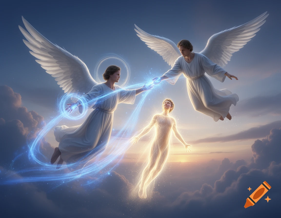 Two male angels help a glowing spirit ascend, one sending blue energy, against a cloudy sky at sunset.