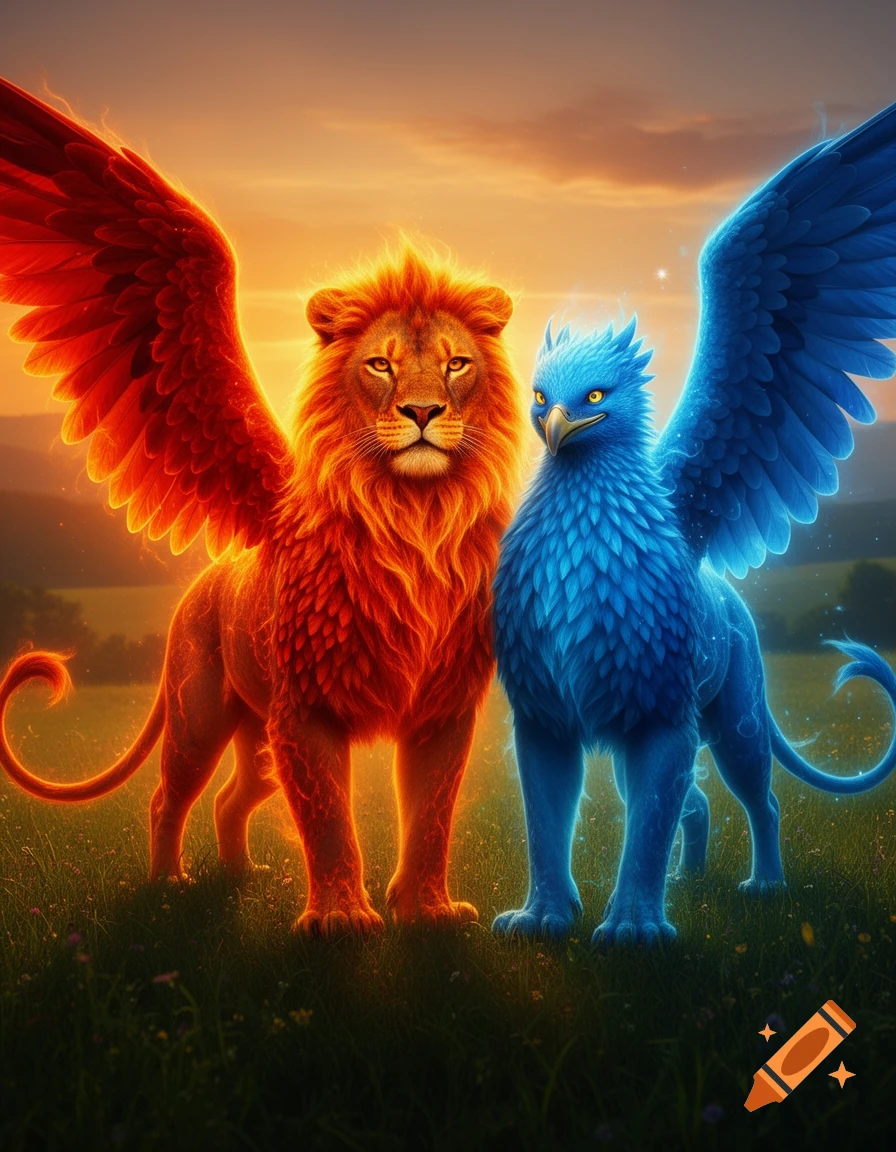 A fiery red winged lion-like creature stands next to a glowing blue winged bird-like creature in a grassy field at sunset.